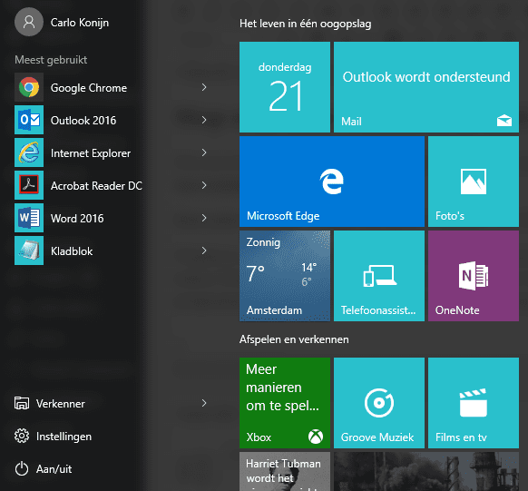 Windows 10 start menu